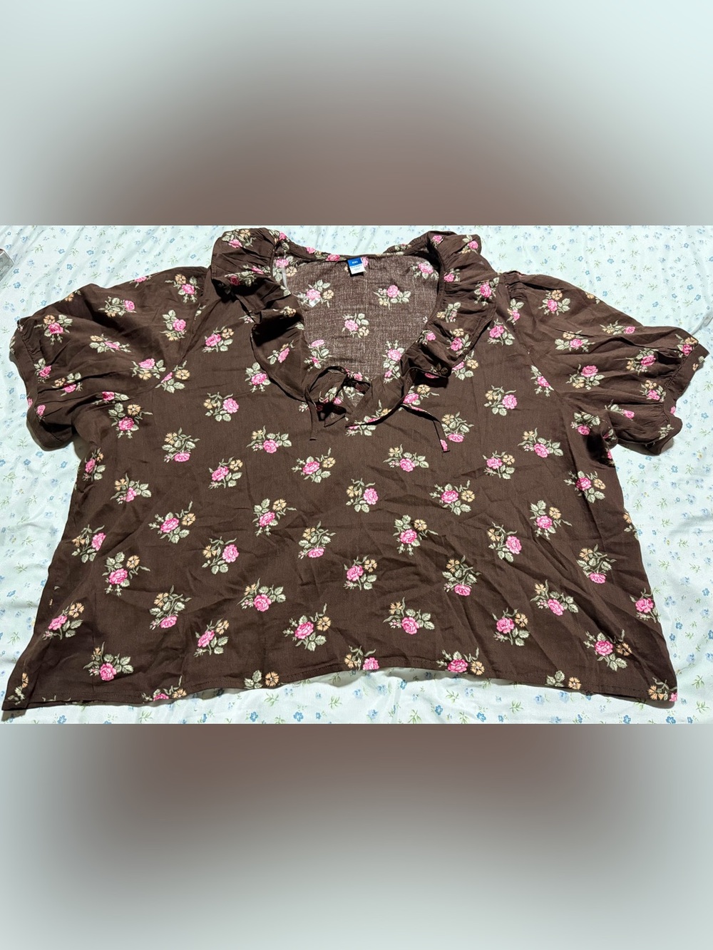 Old Navy Brown Floral Ruffle-Smock Blouse with Pink Rose Print